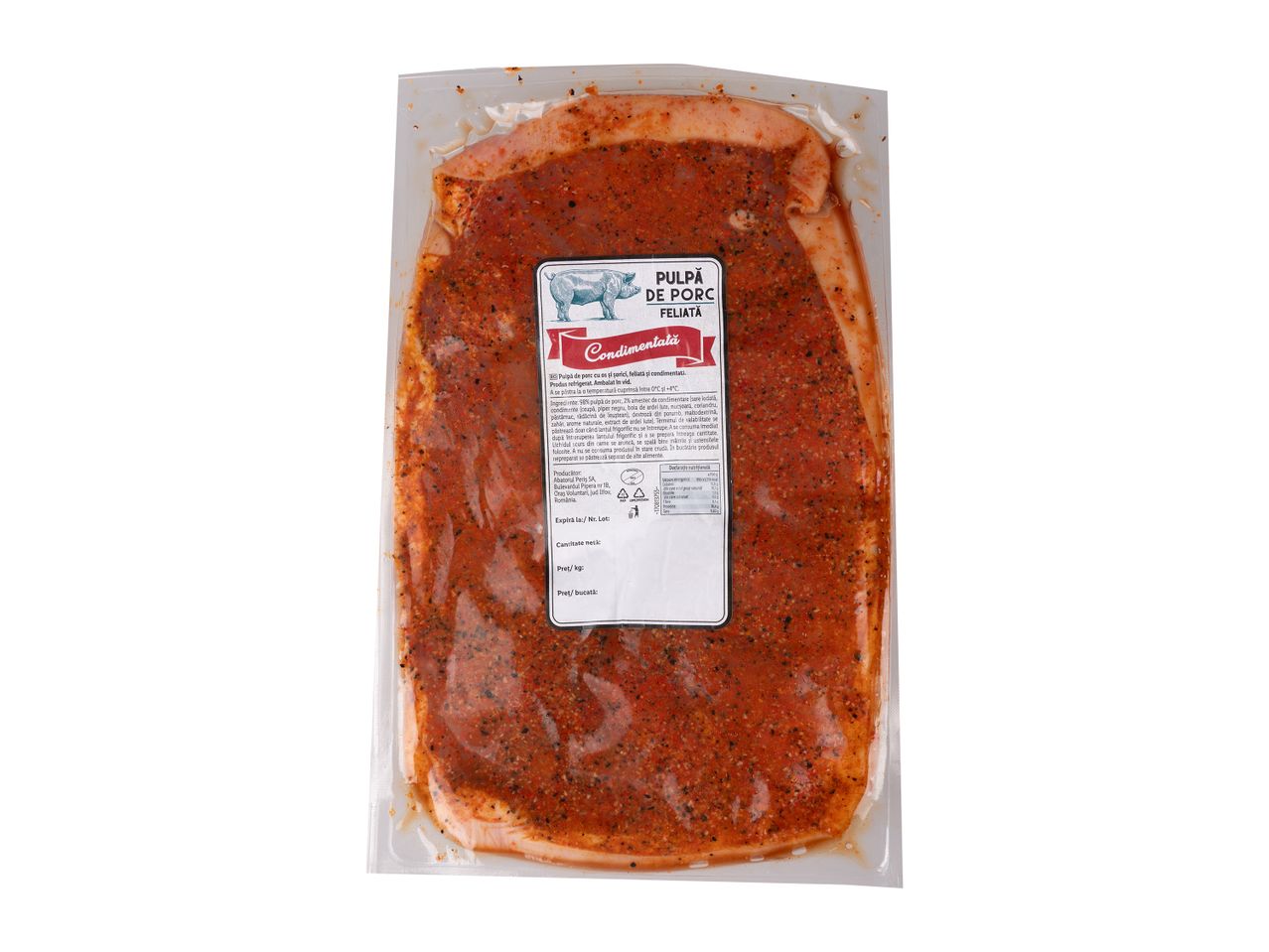 Pulpă de porc feliată, condimentată, ambalată în vid.