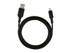 Black USB to Lightning charging cable, coiled in a circle.