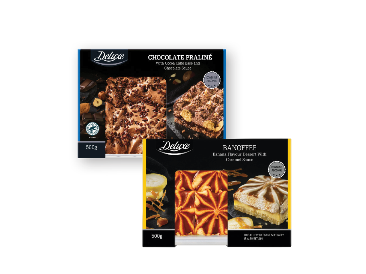 Du „Deluxe“ desertai: šokoladinis praline ir bananų skonio desertas su karamele.