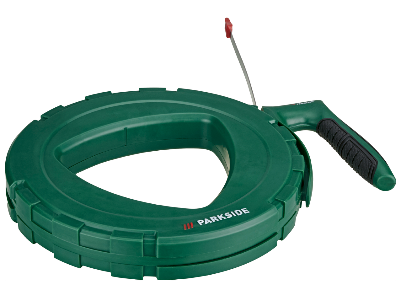 Зелена макара за кабели с дръжка и изваден кабел.