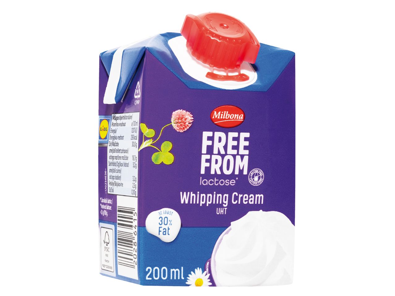Milbona laktózmentes UHT tejszínhab, 30% zsír.