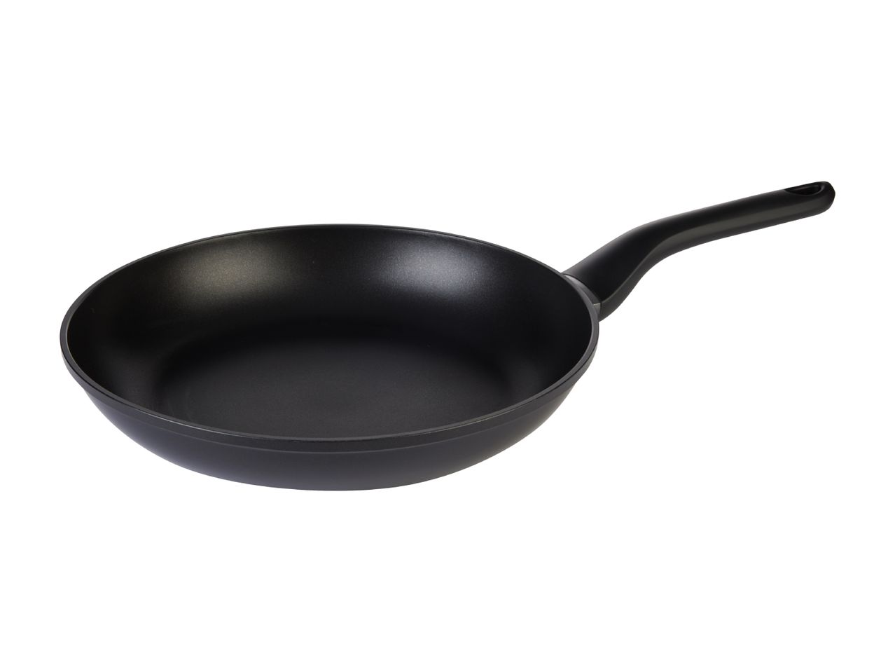 A black frying pan with a single handle.