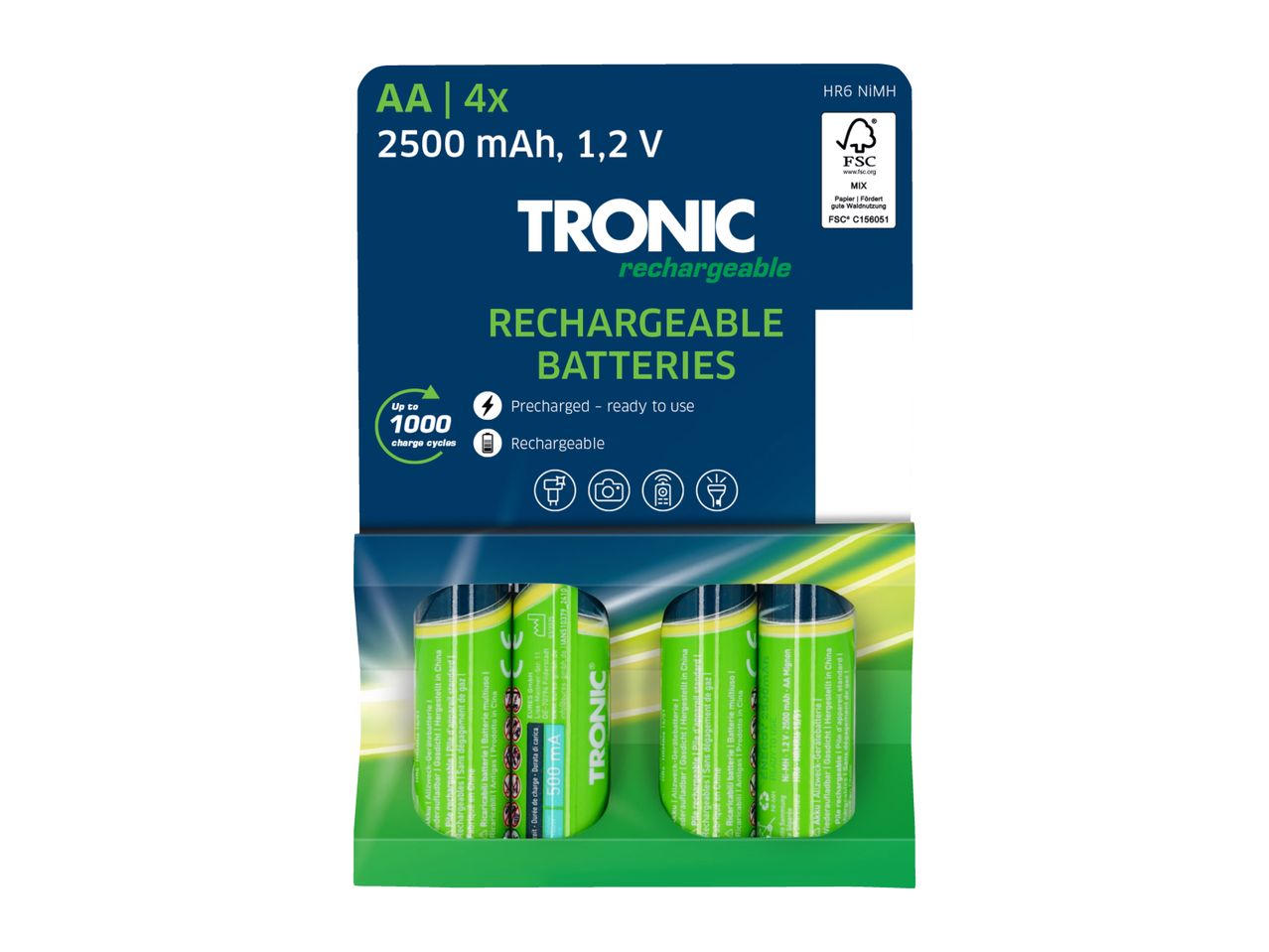 Four AA rechargeable batteries, 2500 mAh, 1.2 V, precharged and ready to use.