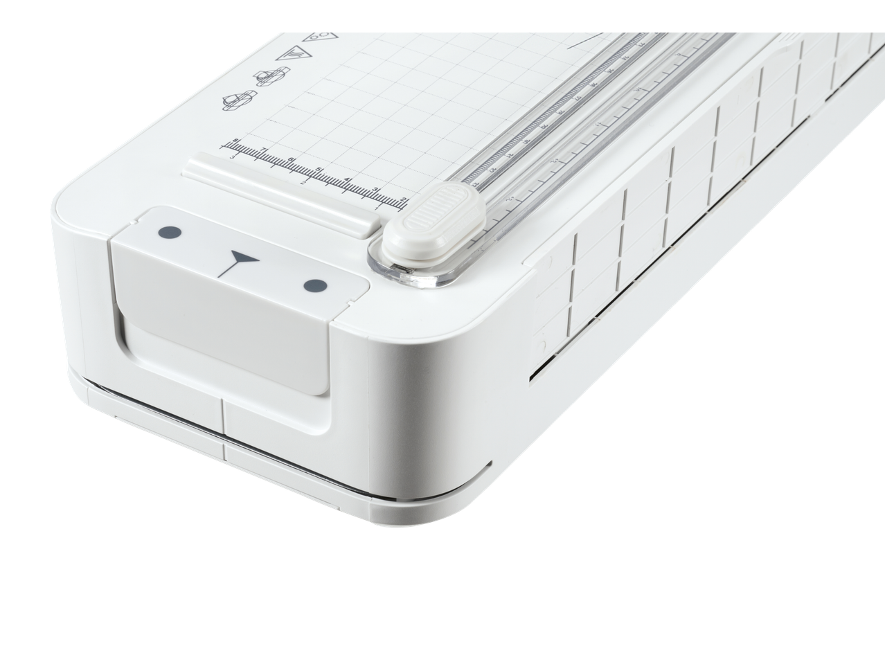 Laminador TRONIC, branco, vista detalhada com cortador e escala de medição