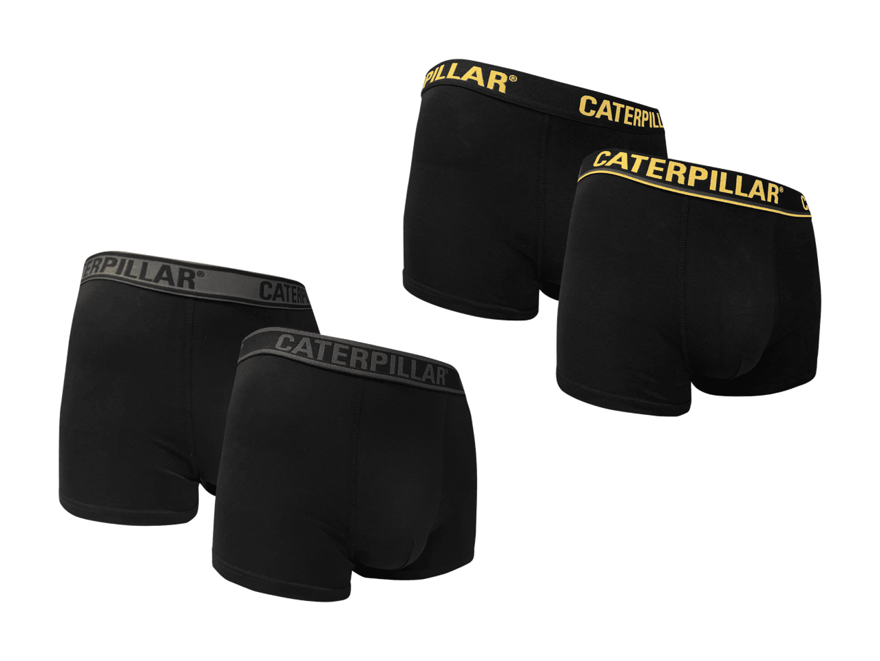 Zwei Paar schwarze Herren-Boxershorts, eines mit gelbem und eines mit grauem Bund.