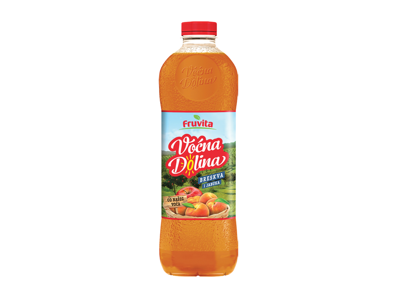 Boca soka od breskve i jabuke sa etiketom koja prikazuje voće i pejzaž.