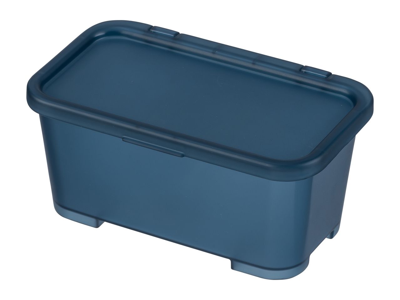 A dark-blue plastic storage container with a lid.