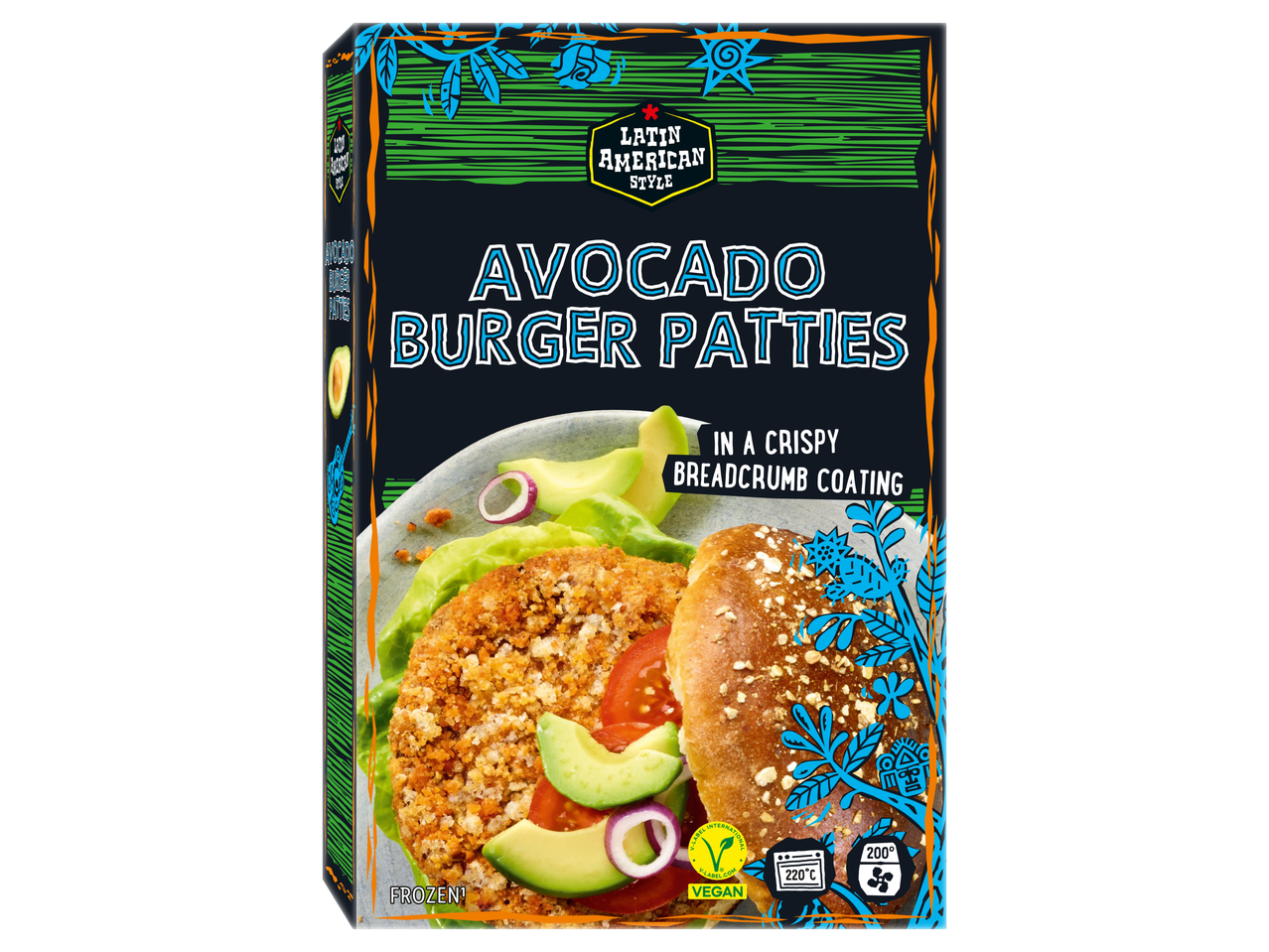 Šaldyti traškūs apkepti vegetariški avokadų burgeriai.