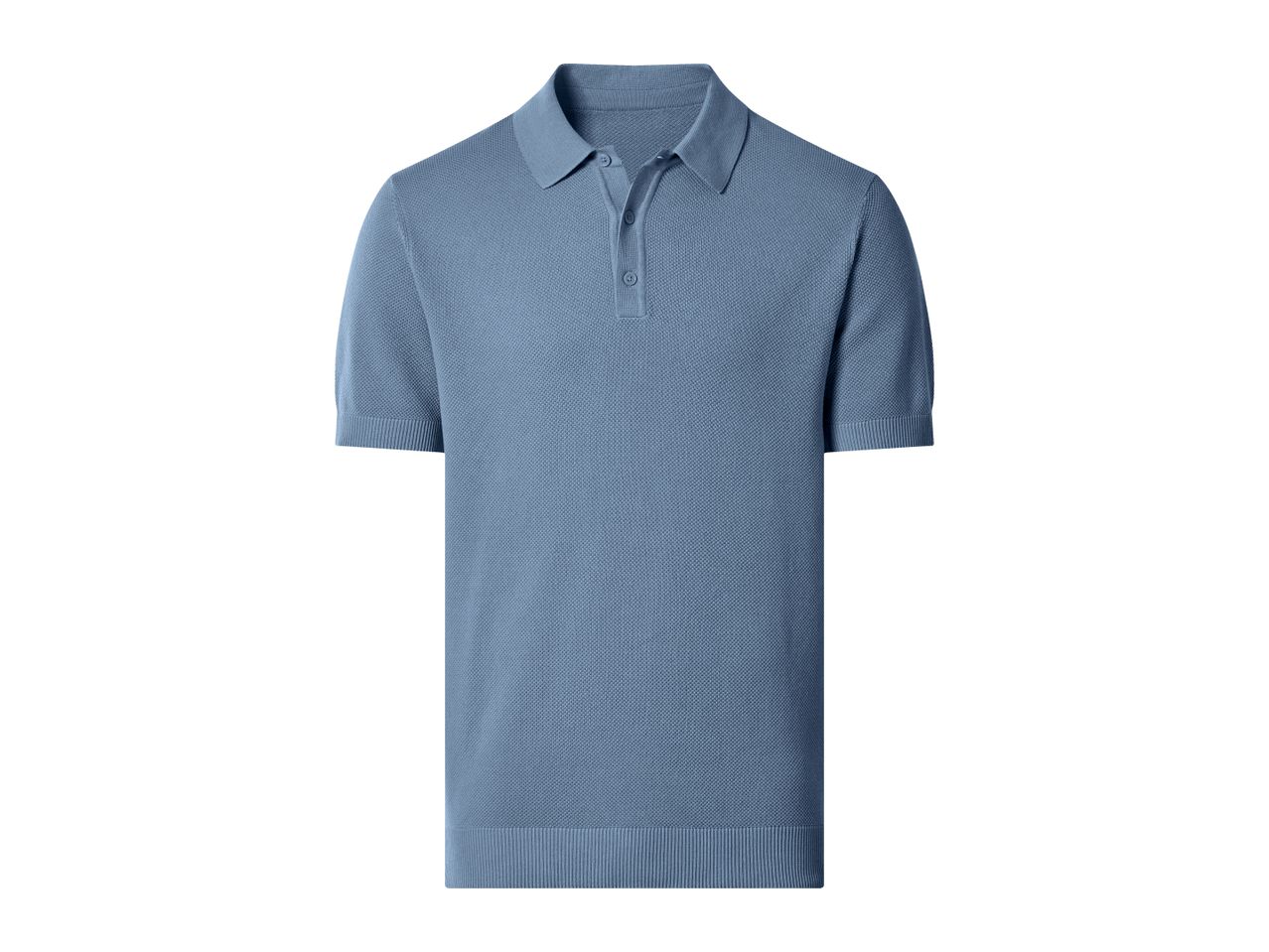 Light blue knitted polo shirt with short sleeves and a three-button placket.