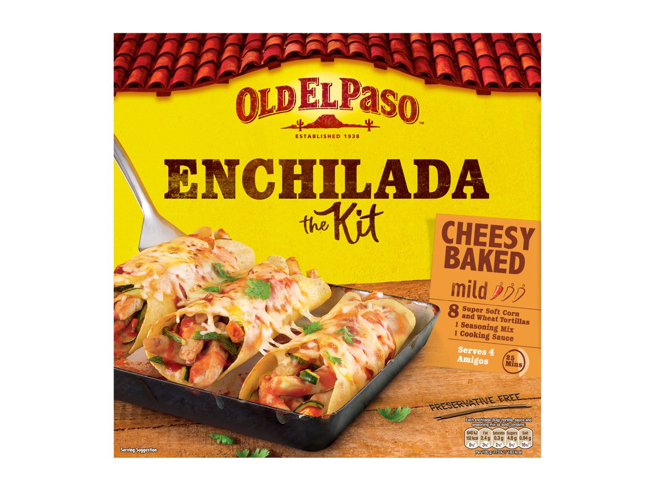 Enchilada kit with cheesy baked enchiladas, mild flavor, serves 4 in 25 mins.