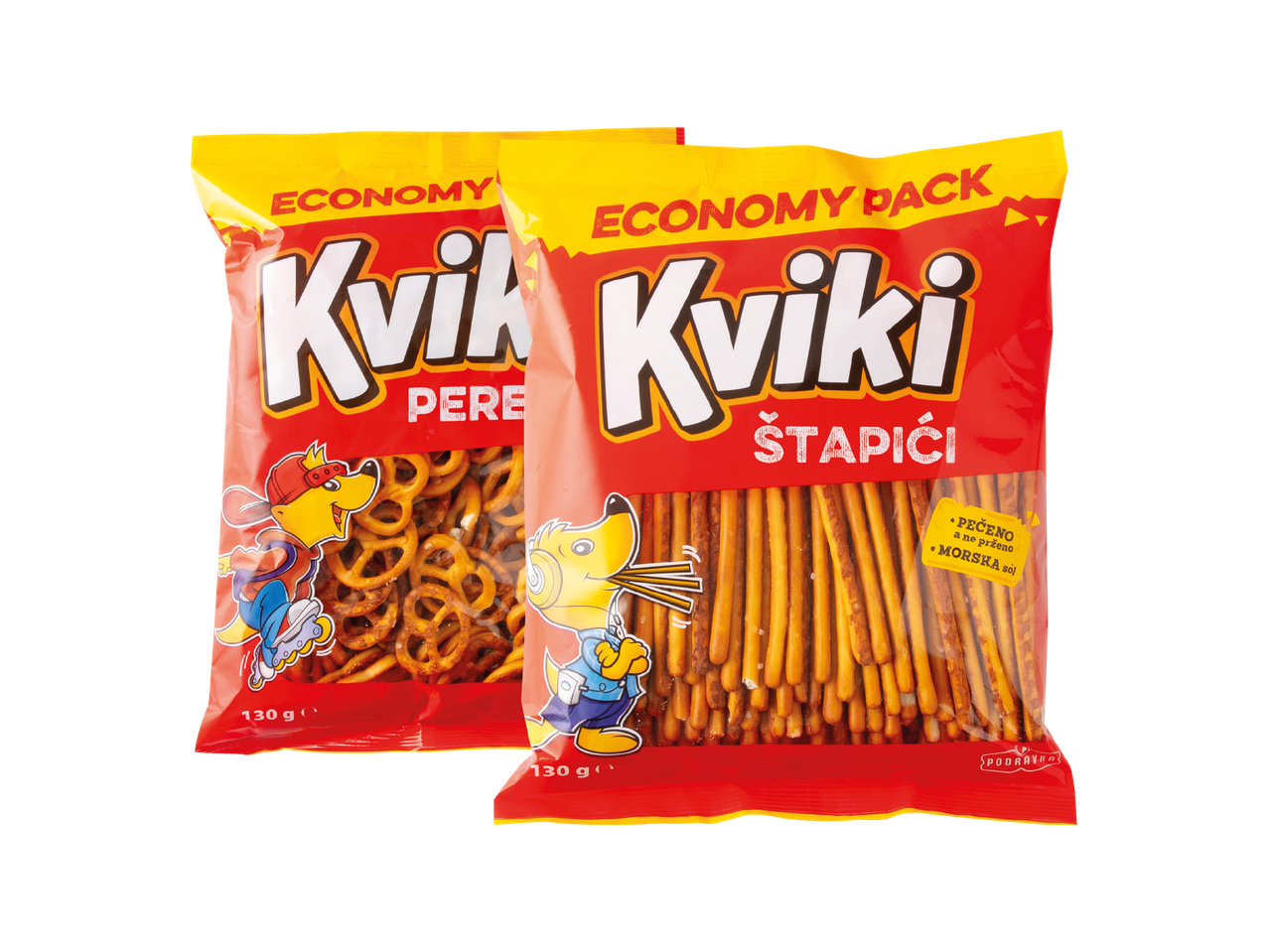 Dva pakiranja slanih grickalica, pereci i štapići, s natpisom 'ECONOMY PACK' i crtanim likom.