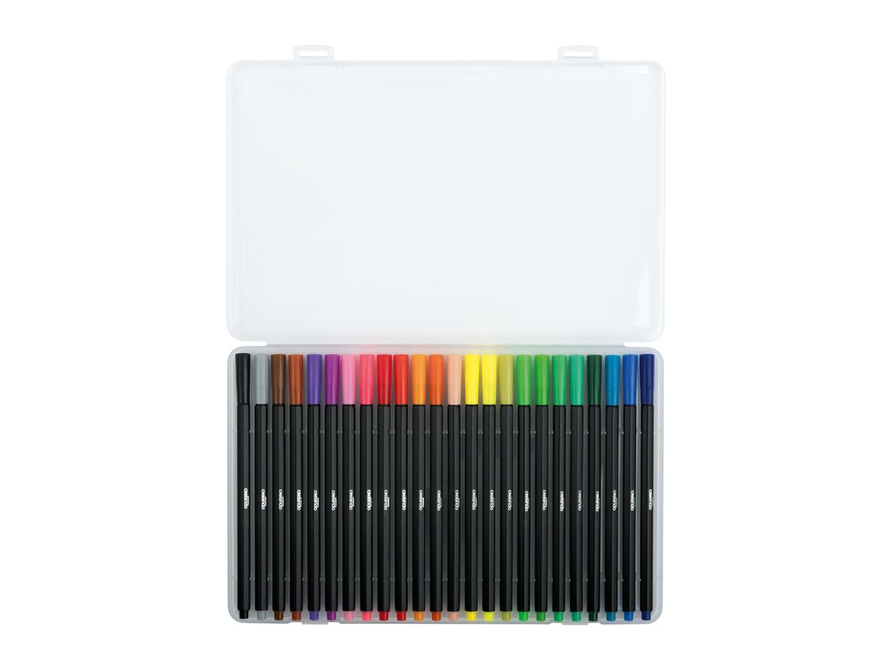 An open plastic case filled with a vibrant array of 24 colorful felt-tip pens.