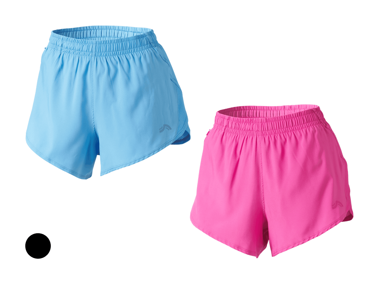 Deux shorts de sport pour femmes, un bleu clair et un fuchsia, avec taille élastique.