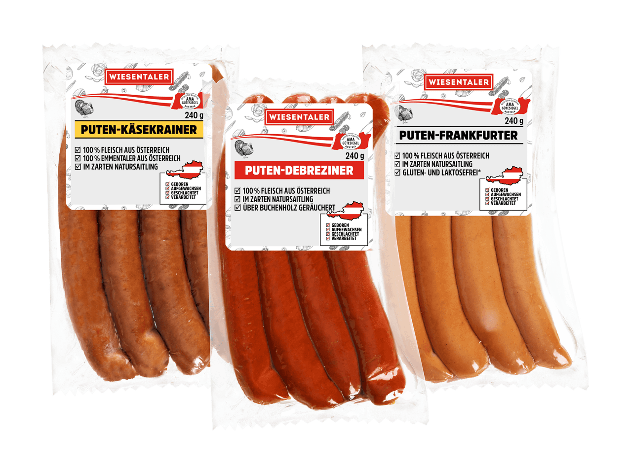 Drei Packungen Putenwürstchen: Käsekrainer, Debreziner und Frankfurter, alle aus Österreich.