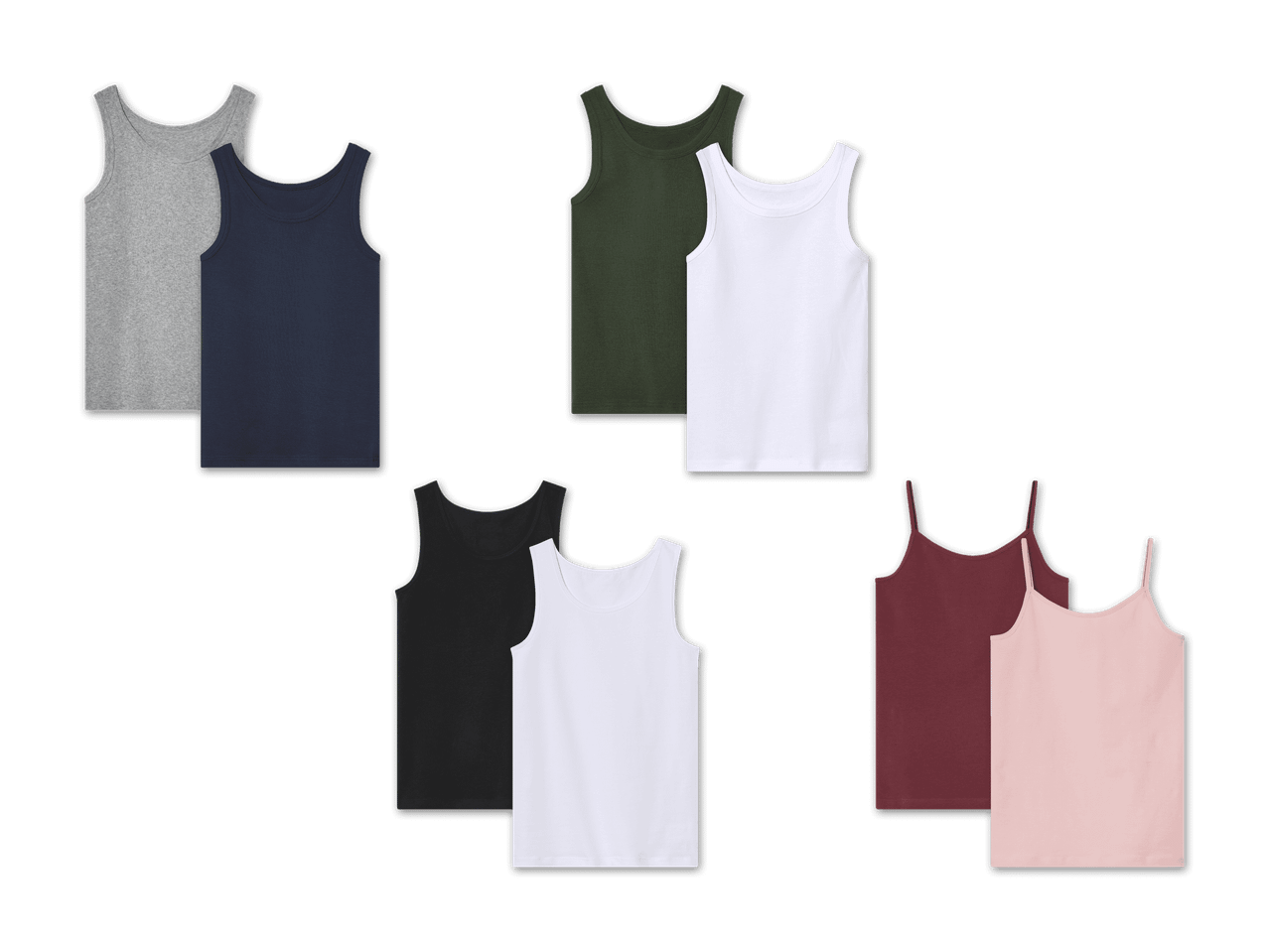 Sechs Paar Damen-Tanktops in verschiedenen Farben.