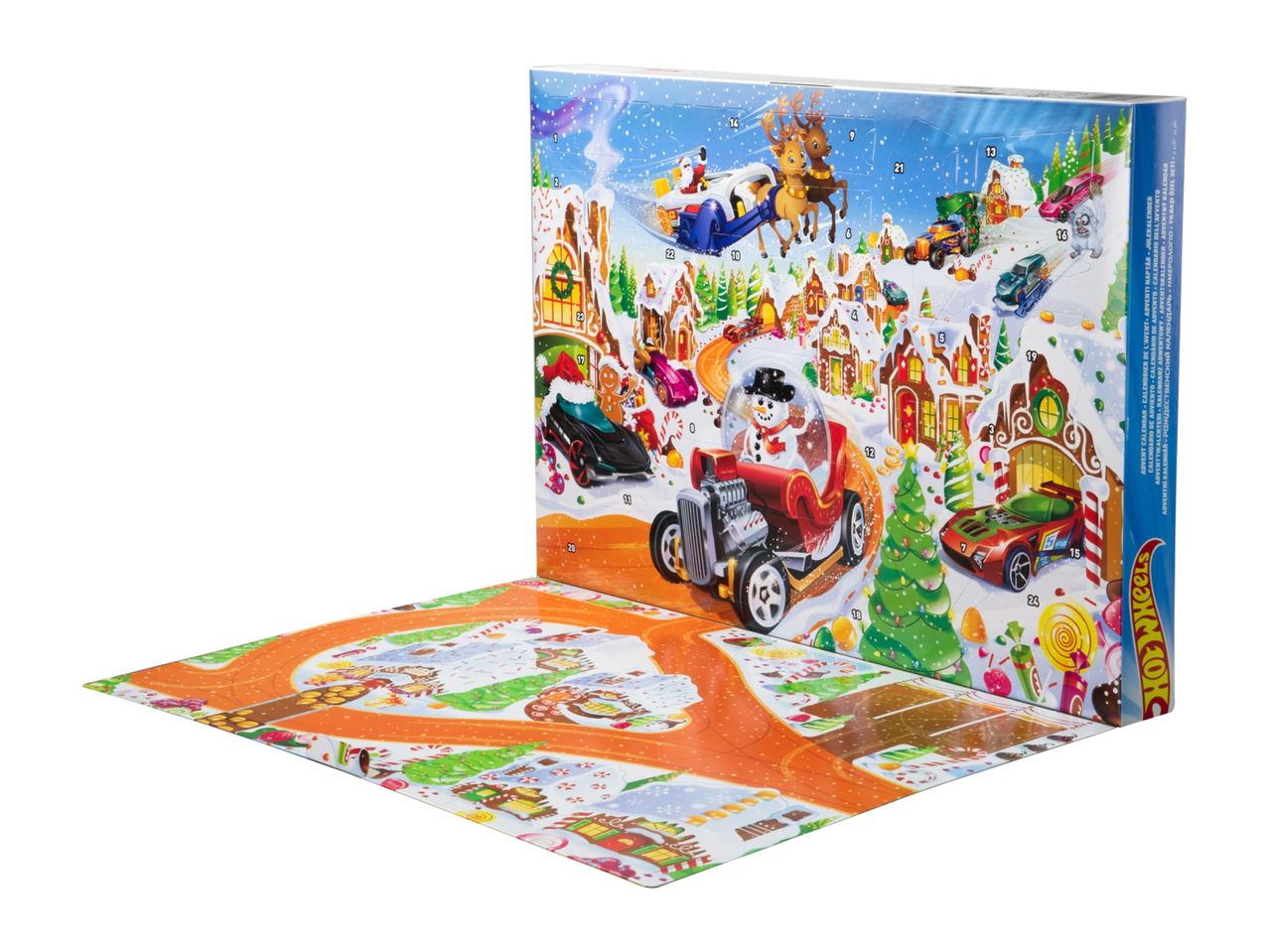 Hot Wheels Advent Calendar with a festive winter village and race track design.