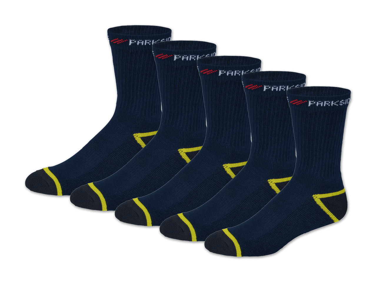 Fünf Paar dunkelblaue Socken mit gelben Akzenten.