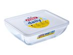 Glass food storage container with a white lid, featuring cooking and storage instructions.