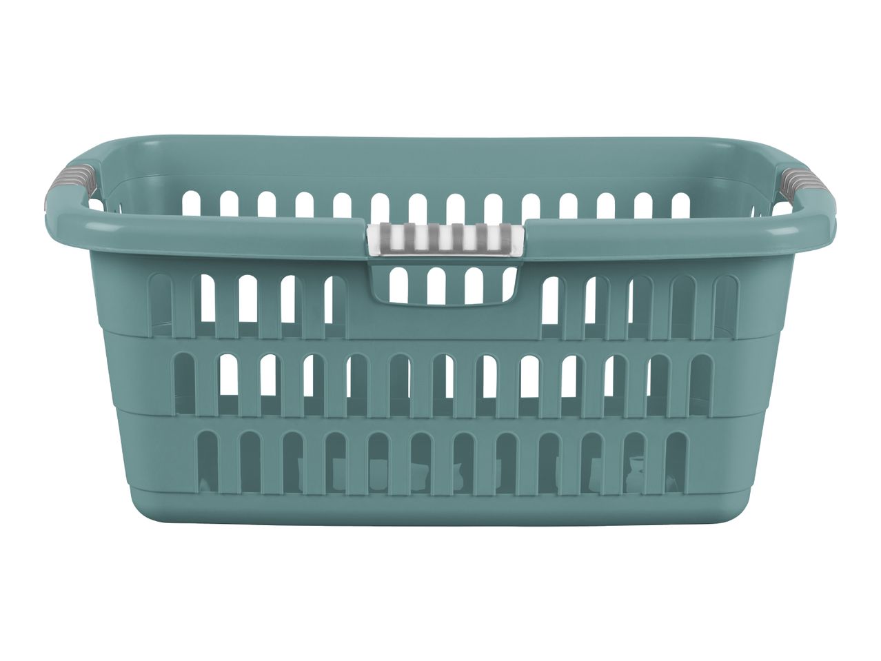 A green plastic laundry basket with gray handles.