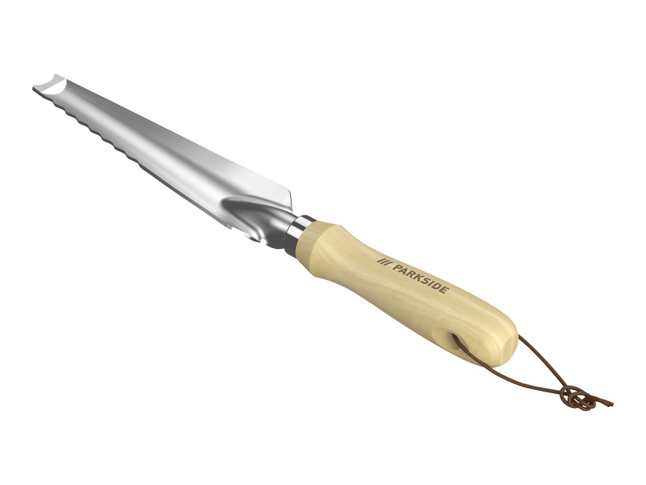 Garden trowel with a wooden handle and a serrated stainless steel blade.