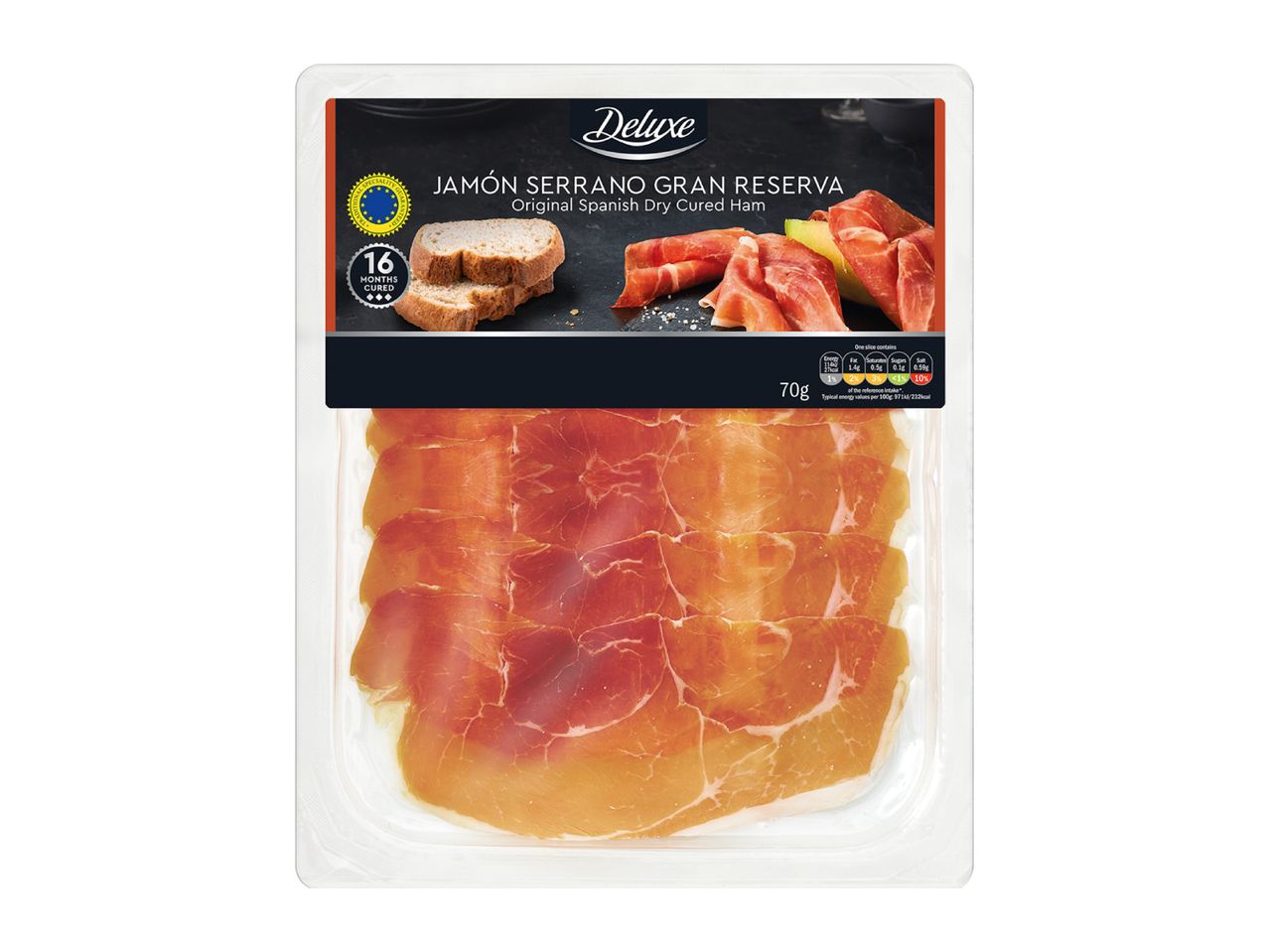 Pack of Spanish dry cured ham, Jamón Serrano Gran Reserva, with 16 months cured label.