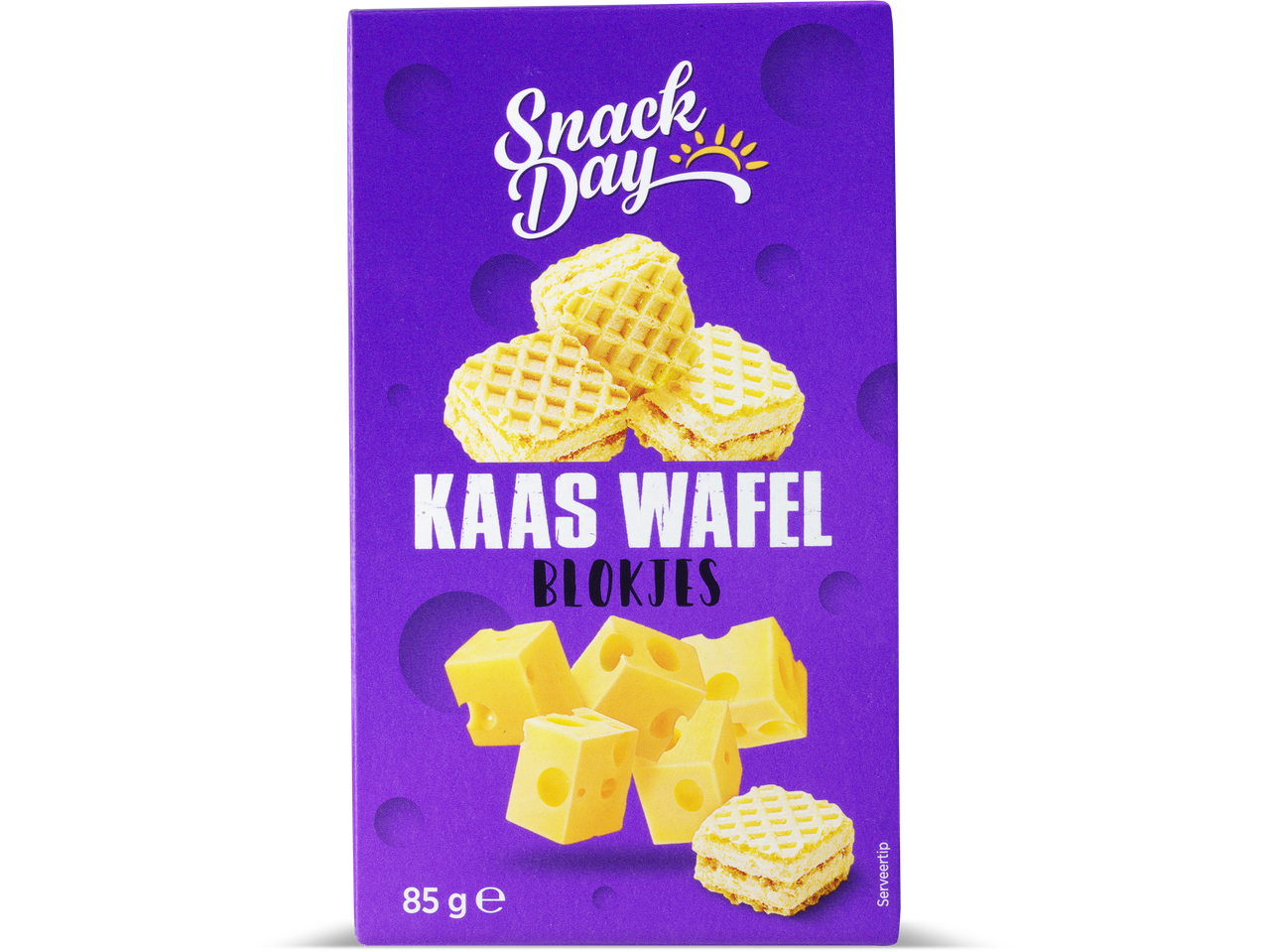 Snack Day kaaswafels: knapperige wafels en kaasblokjes.