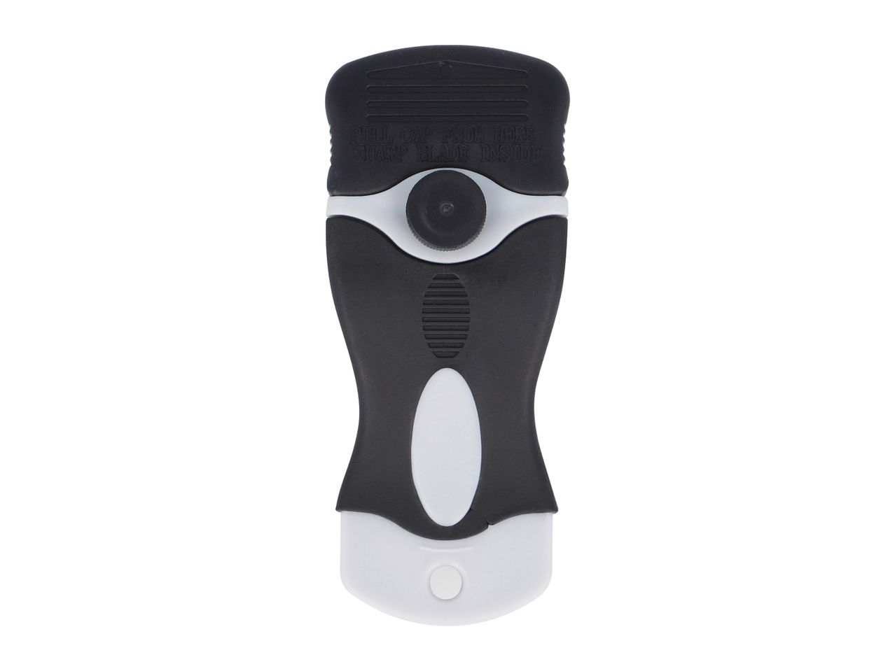 Black and white scraper with a sharp blade inside, for removing stickers or paint.