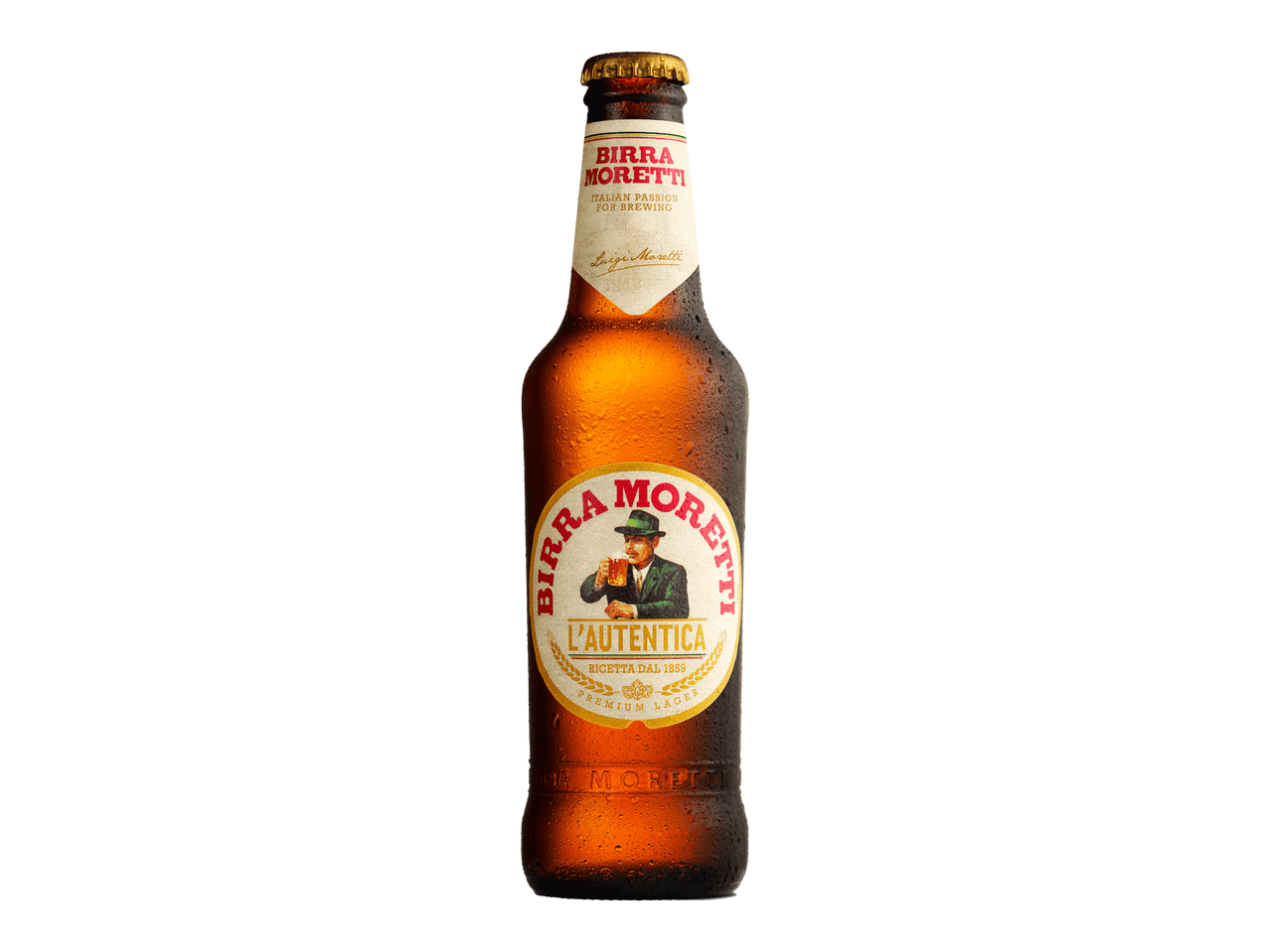 Birra Moretti -olutpullo mustalla taustalla.