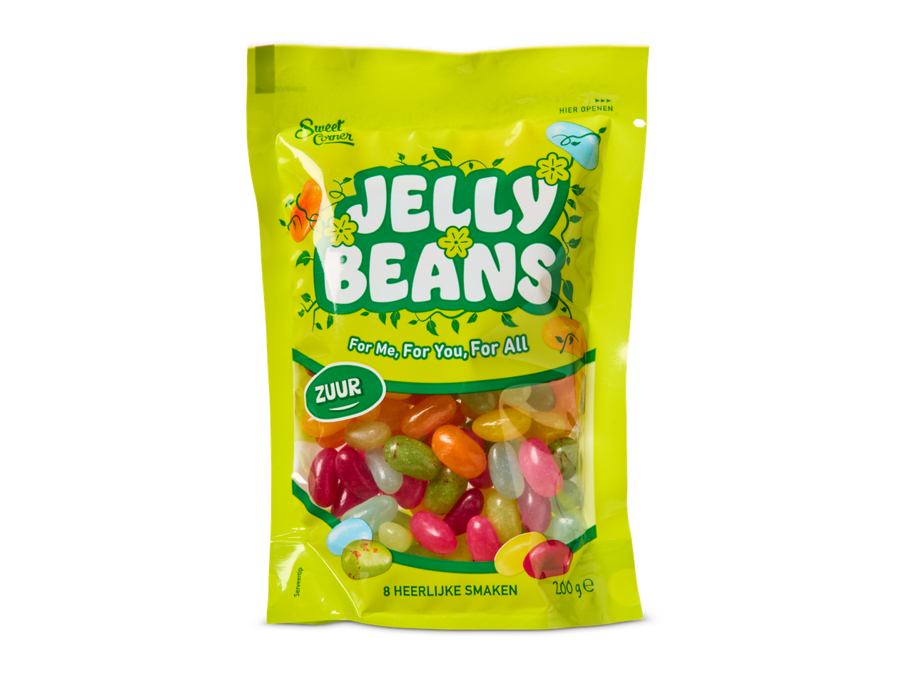 Sweet Corner zure Jelly Beans in een gele verpakking.
