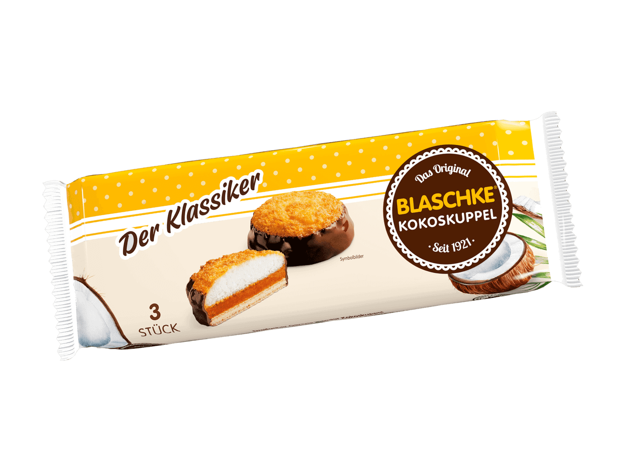 Blaschke Kokosmakronen-Packung mit zwei gefüllten Kokosmakronen.