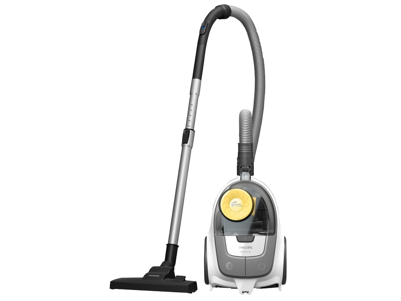 Aspirateur traîneau blanc et gris avec un tuyau flexible et une brosse au sol.