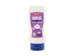 White squeeze bottle of garlic mayonnaise with a purple label and a blue cap.