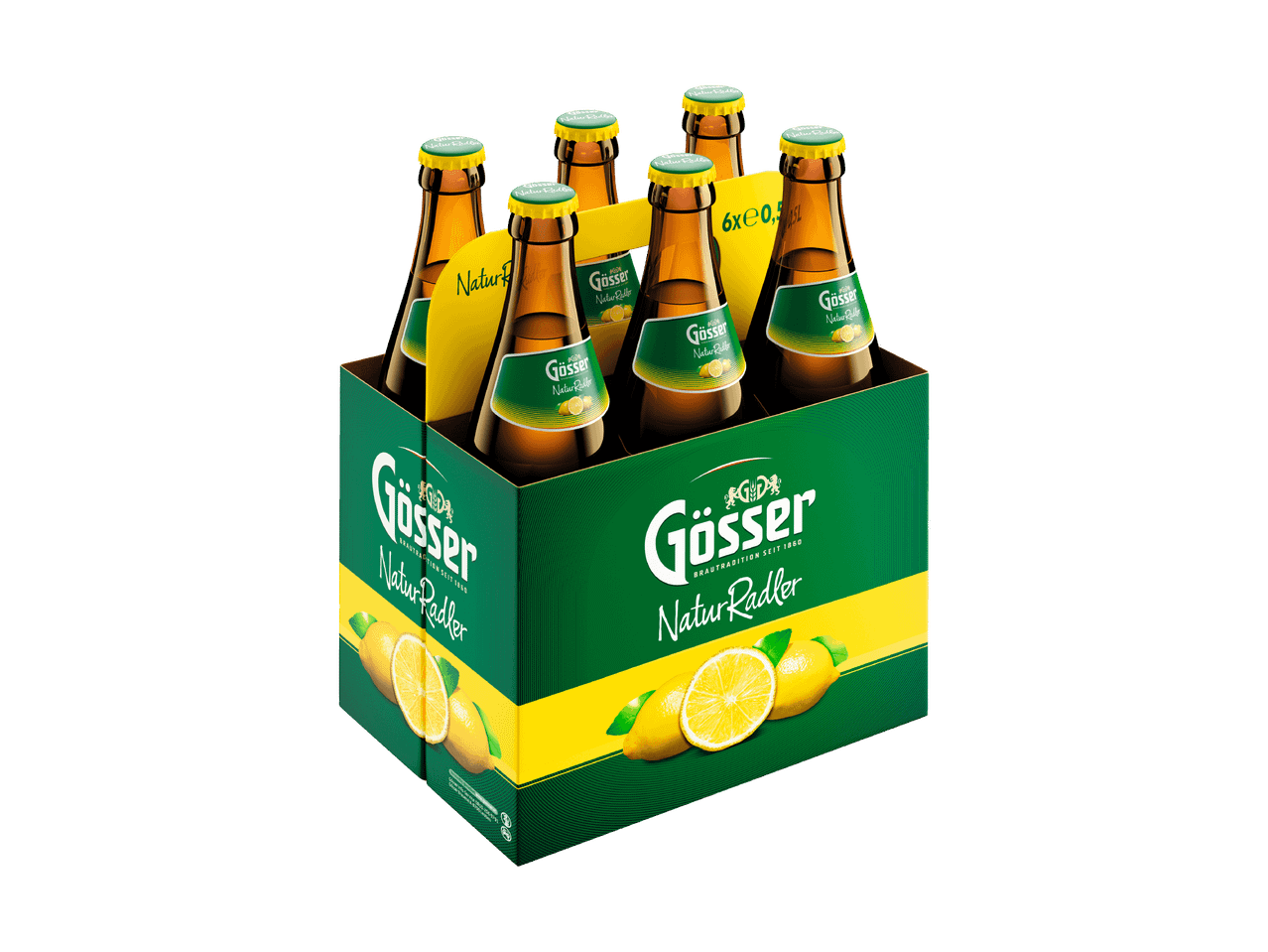 Sechs Flaschen Gösser Natur Radler im Sixpack.