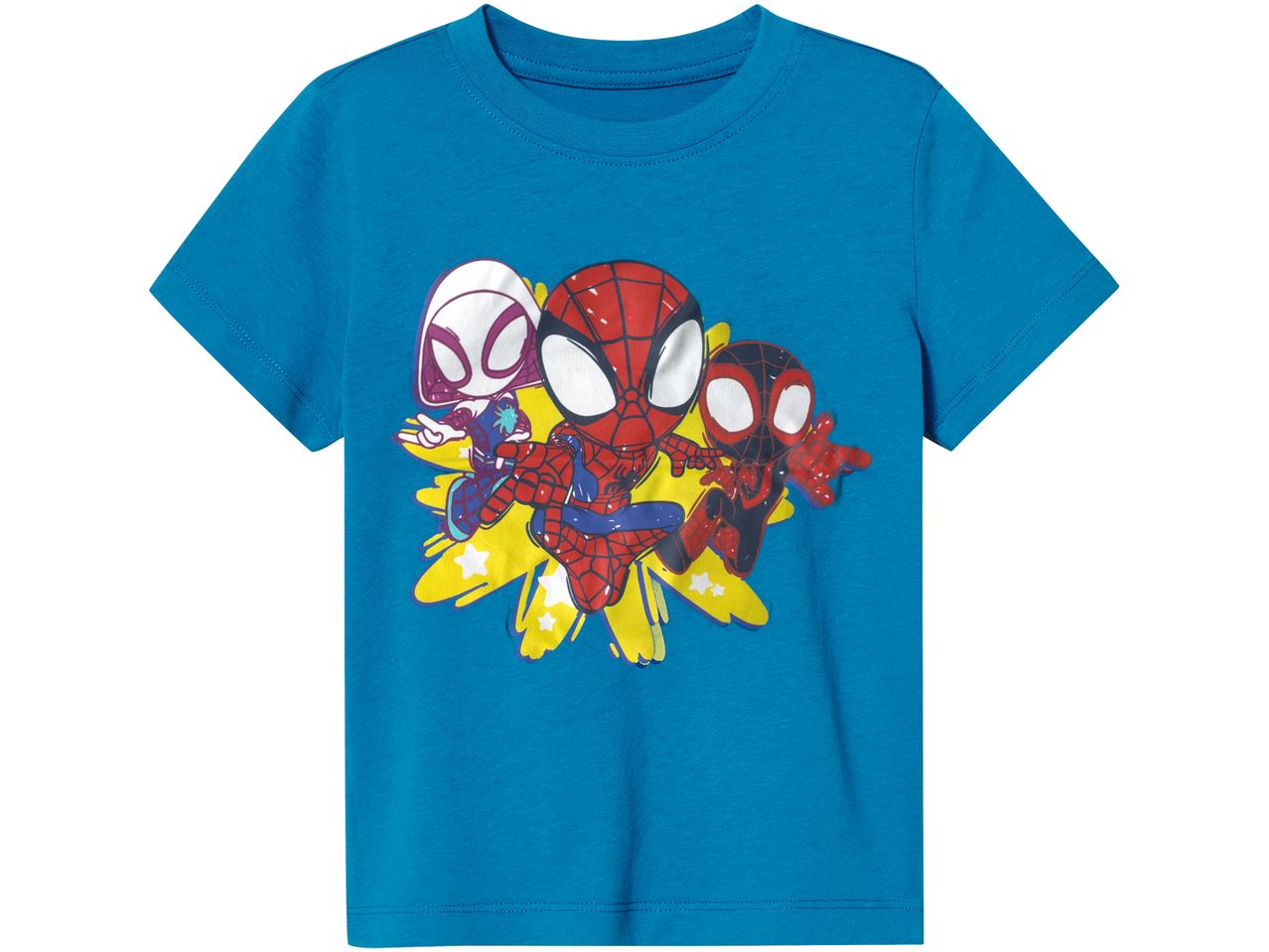 Maglietta blu per bambini con stampa di Spider-Man, Spider-Gwen e Miles Morales