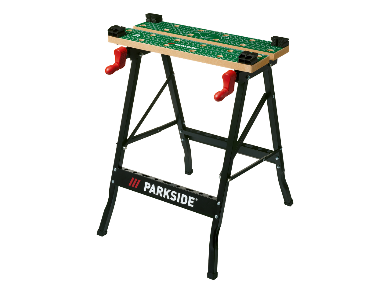 Radni stol s podesivim stezaljkama i mjernim oznakama na zelenoj površini.