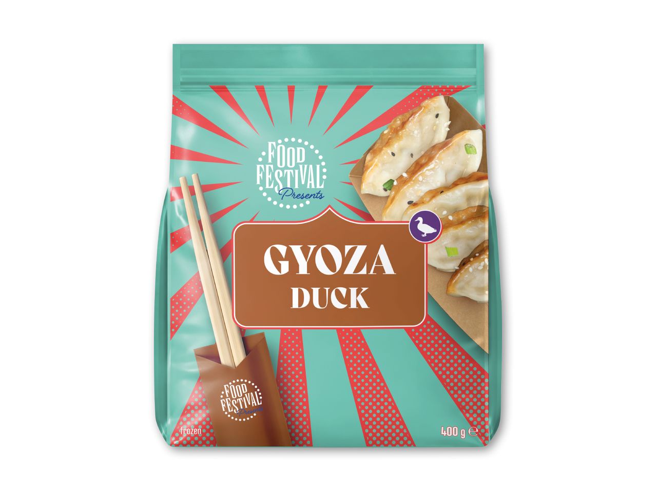 En pose frosne andegyozas med spisepinde og teksten 'Food Festival Presents Gyoza Duck'.