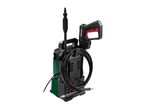 Green and black pressure washer with a hose and spray gun attached.