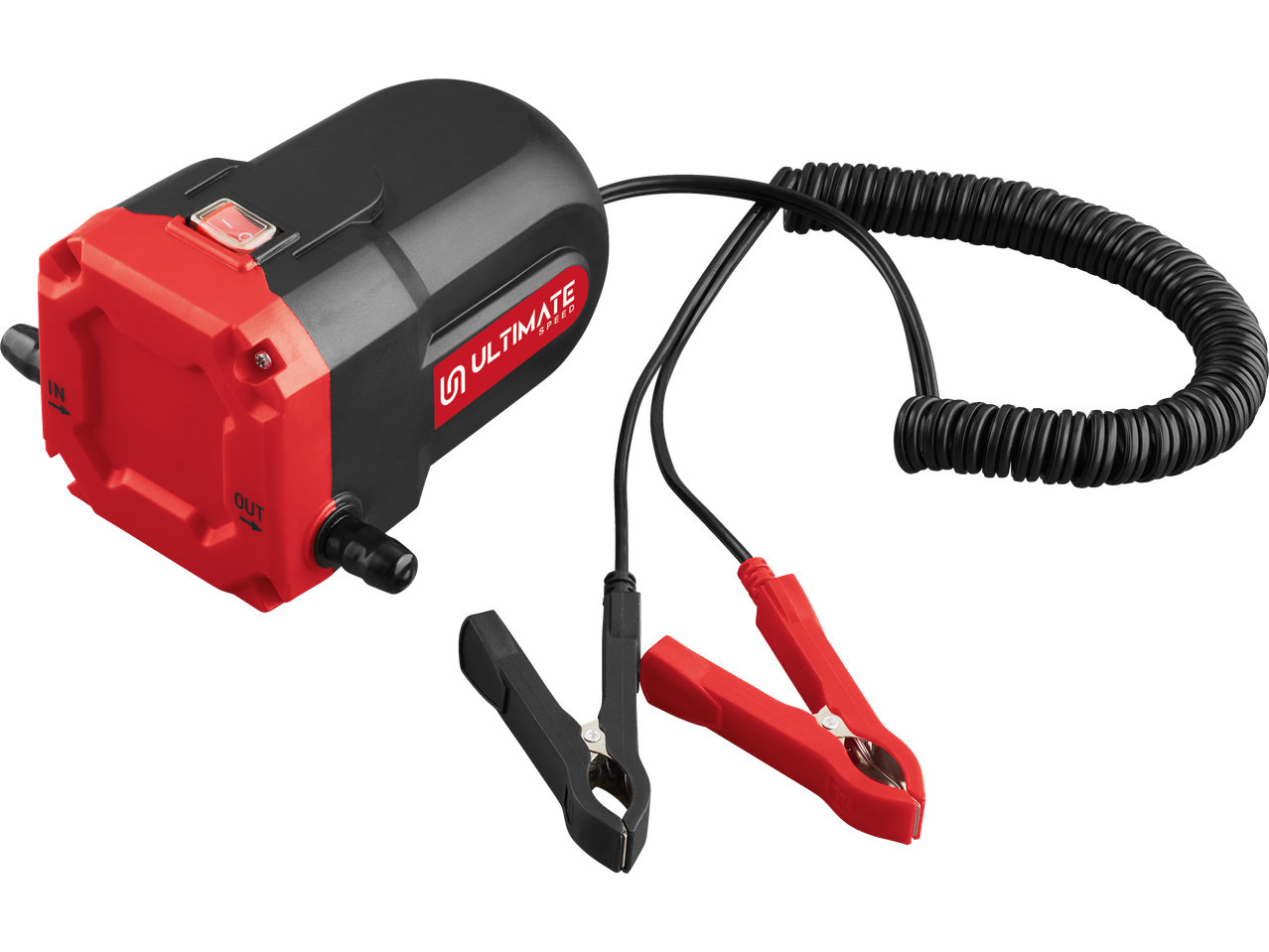 ULTIMATE SPEED® 12V Oil Pump with red and black housing, power cables, and battery clamps.