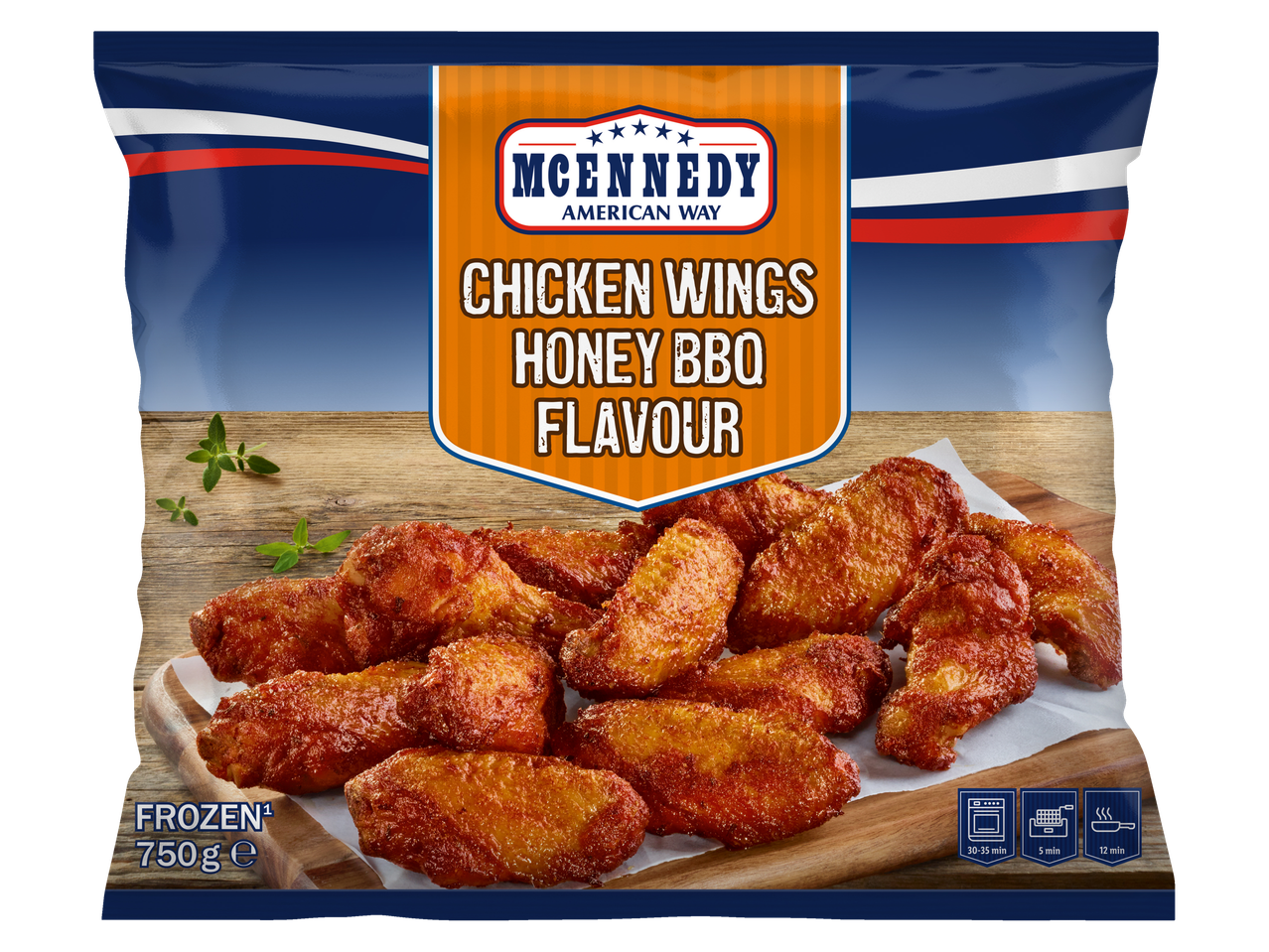 Ailes de poulet McKennedy American Way surgelées, saveur miel BBQ.