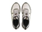 Top view of a pair of beige and olive green athletic shoes with laces
