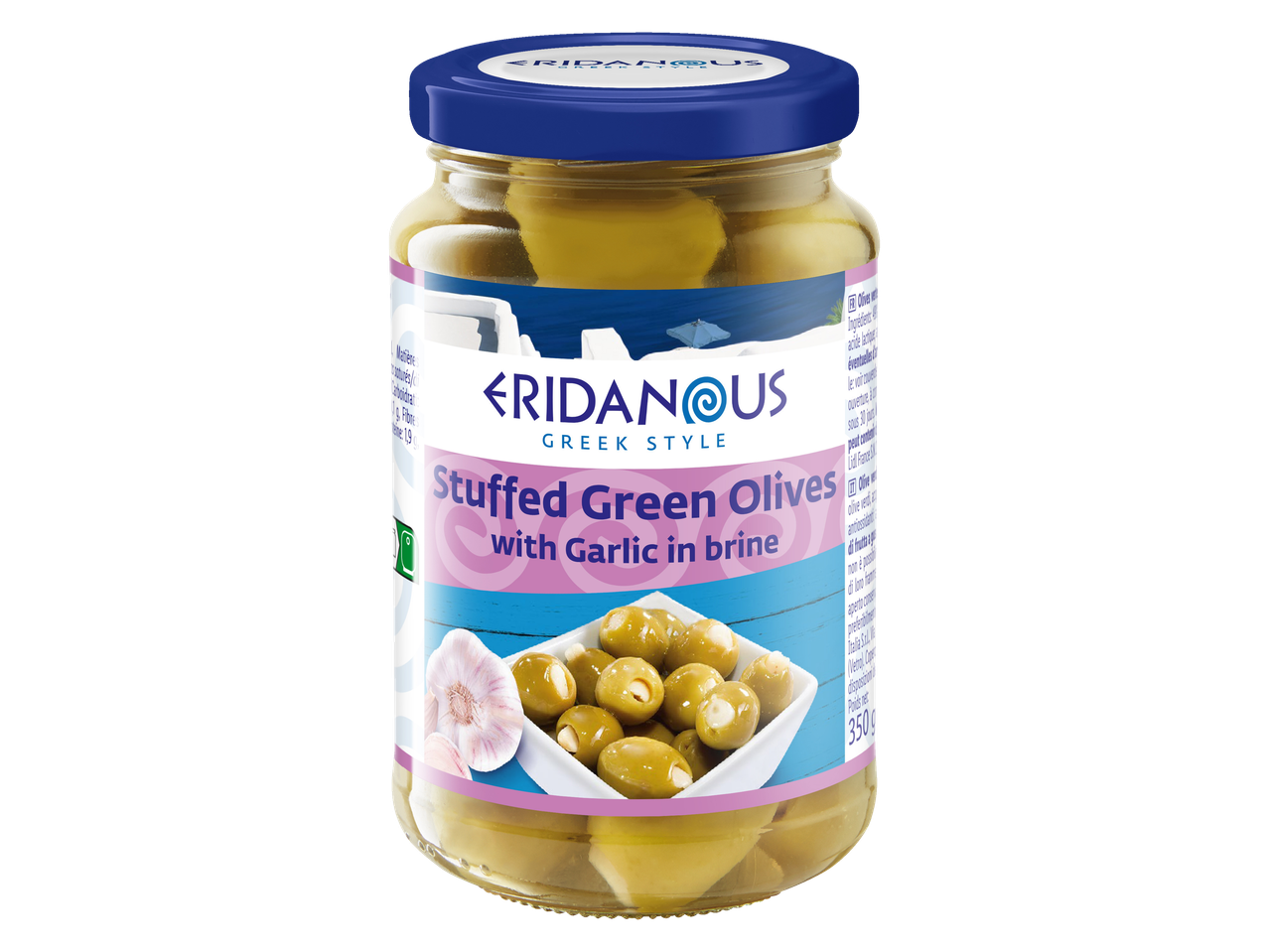 Olives vertes farcies à l'ail en saumure, style grec Eridanus.