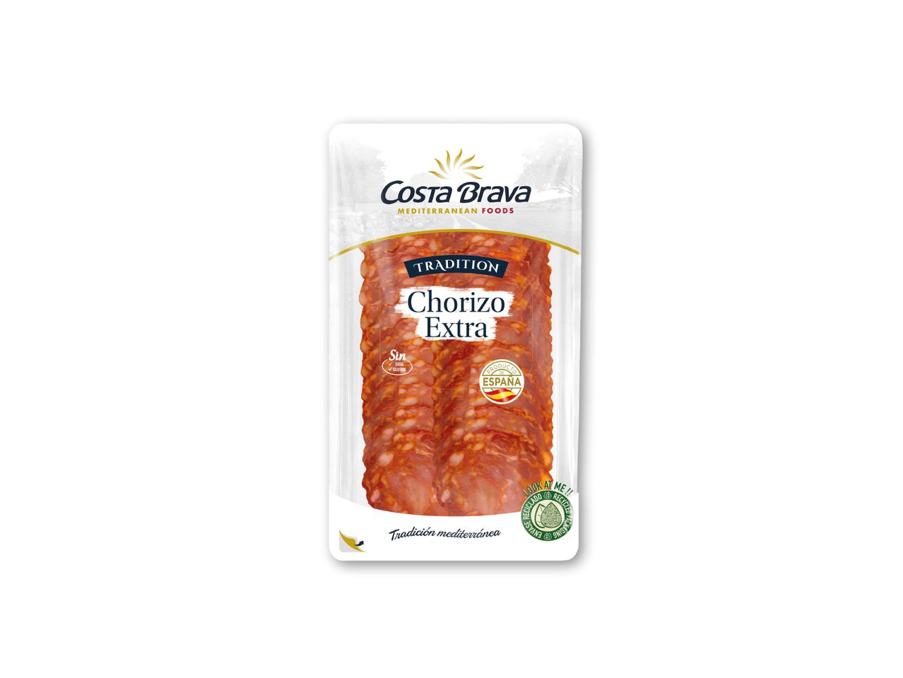 Pakket skiveskåret chorizo ekstra, mærket som traditionel, gluten- og sojafri, et produkt fra Spanien.