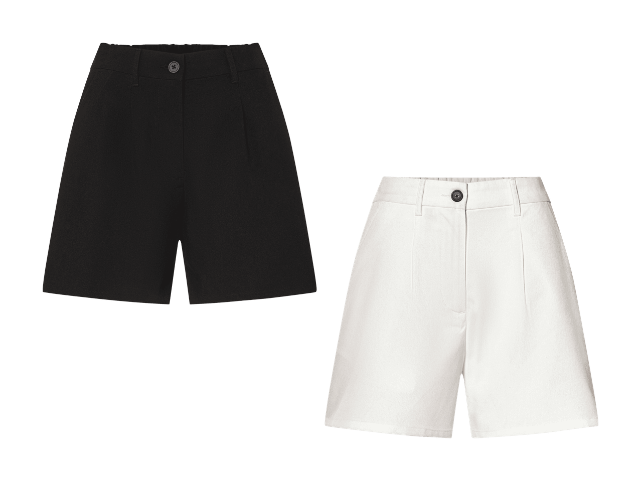 Deux shorts : un noir et un blanc, tous deux avec fermeture boutonnée.