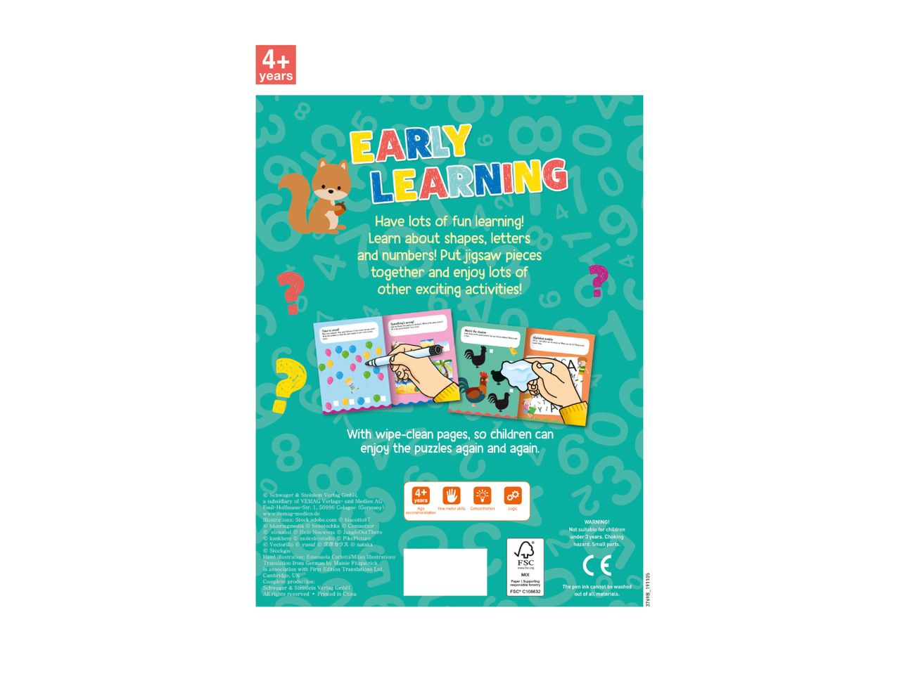 Early learning activity book for ages 4+ with wipe-clean pages, focusing on shapes, letters, and numbers.