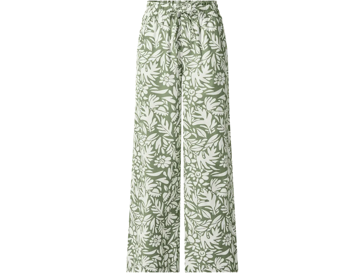 Green and white floral print wide-leg trousers with an elasticated waist and drawstring.