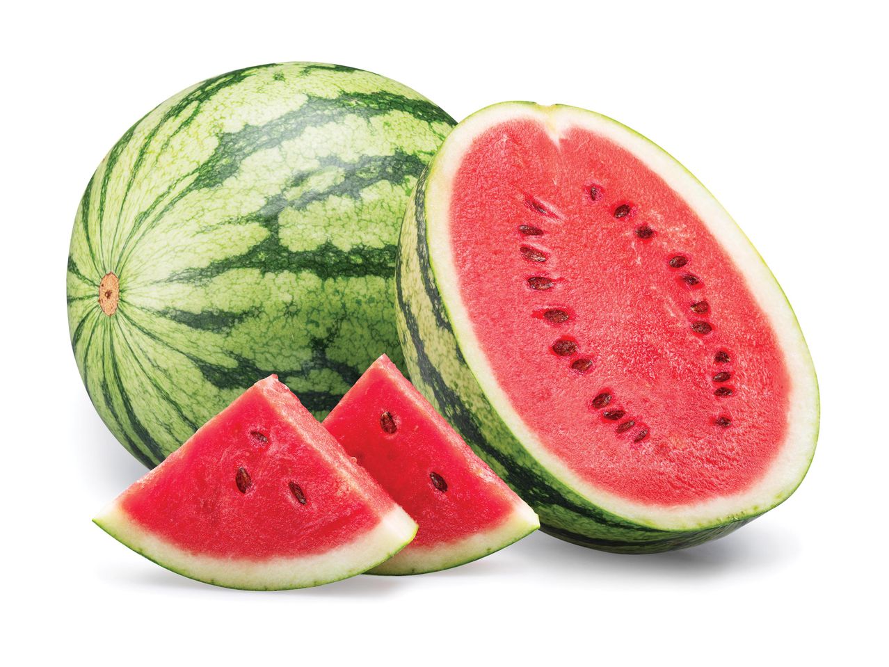 Friss, szeletelt görögdinnye és egy egész görögdinnye.