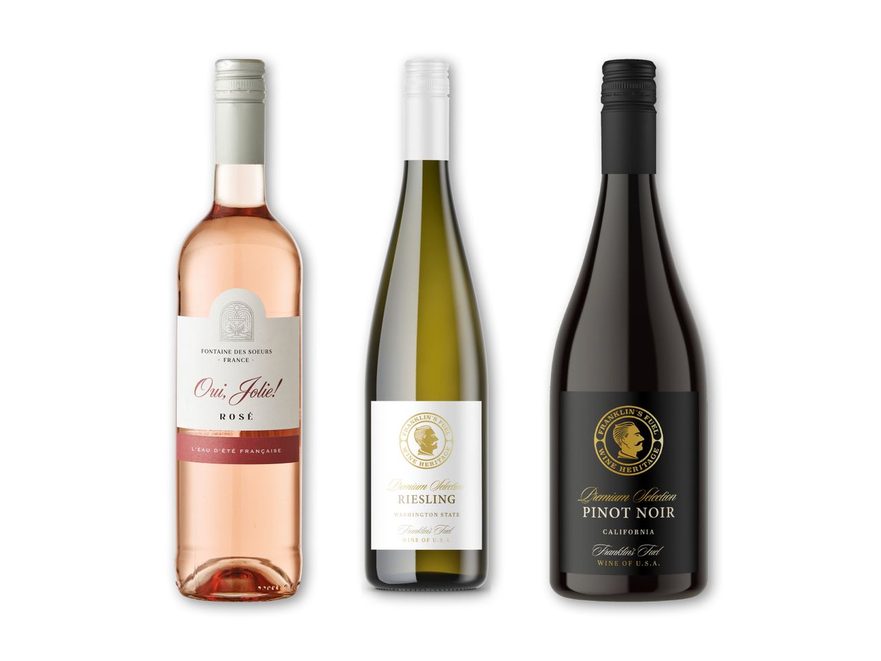Tre vinflasker: en rosé, en hvidvin (Riesling) og en rødvin (Pinot Noir).