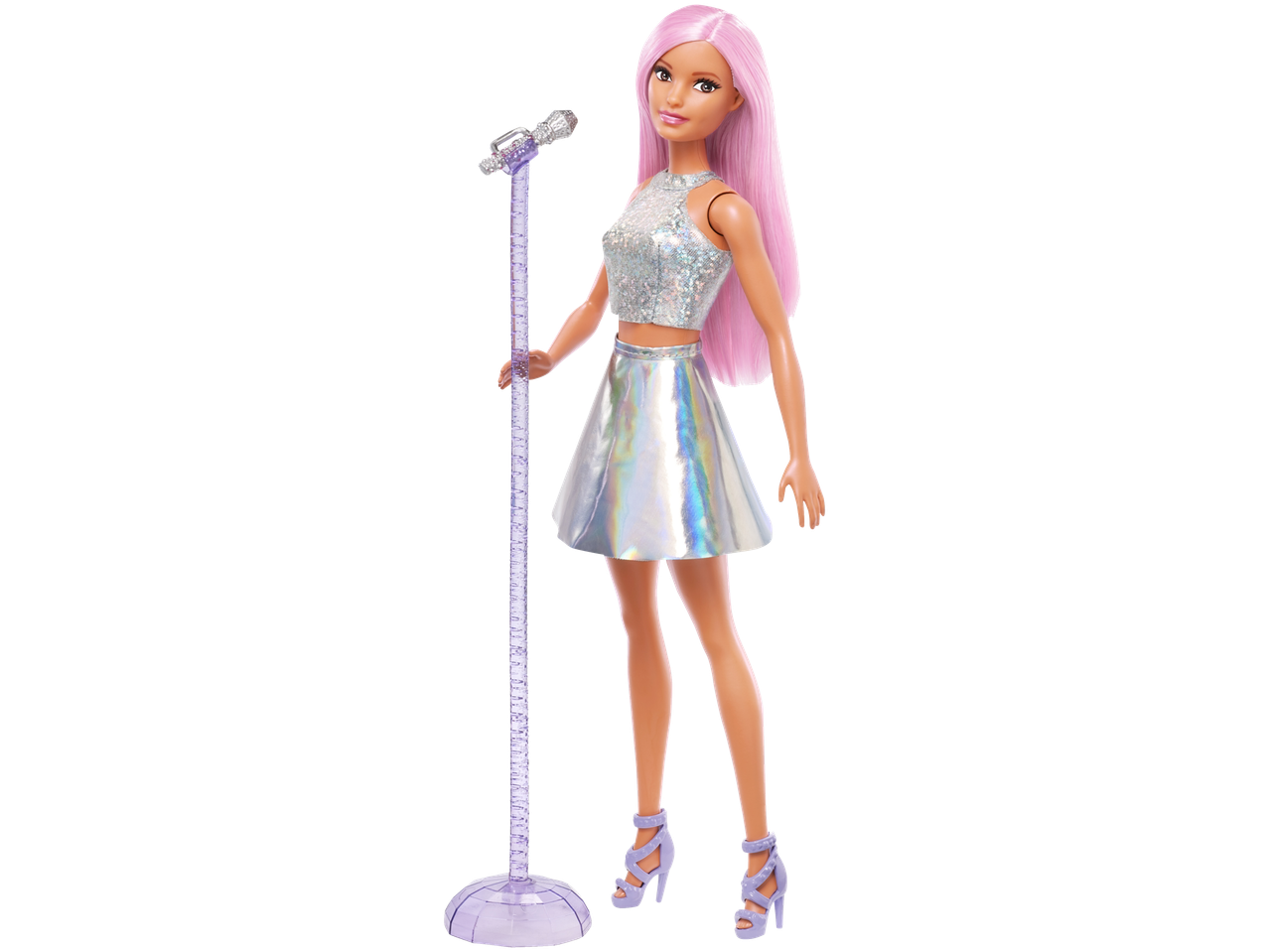 Barbie doll with pink hair, a sparkly top, holographic skirt, and purple heels, holding a microphone.