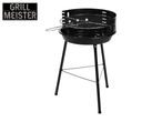 Black charcoal grill with a round basin and a chrome-plated cooking grate on three legs.