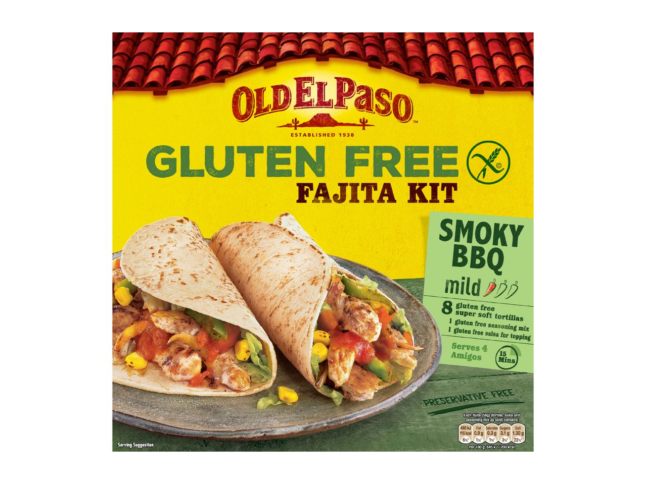 Gluten-free smoky BBQ fajita kit with tortillas, seasoning mix, and salsa.